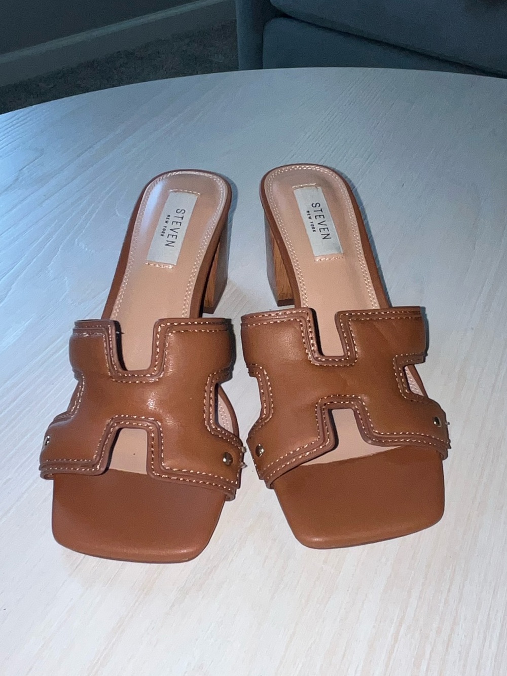 Steven New York Cognac Brown Leather Slide Mules